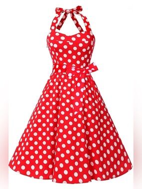 Retro Red Polka Dot Halter Dress Swing Fit & Flare XL NEW